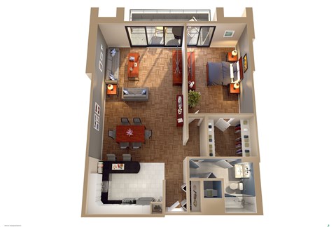 A top down view of a house interior with a dining table, couches, and a kitchen area.